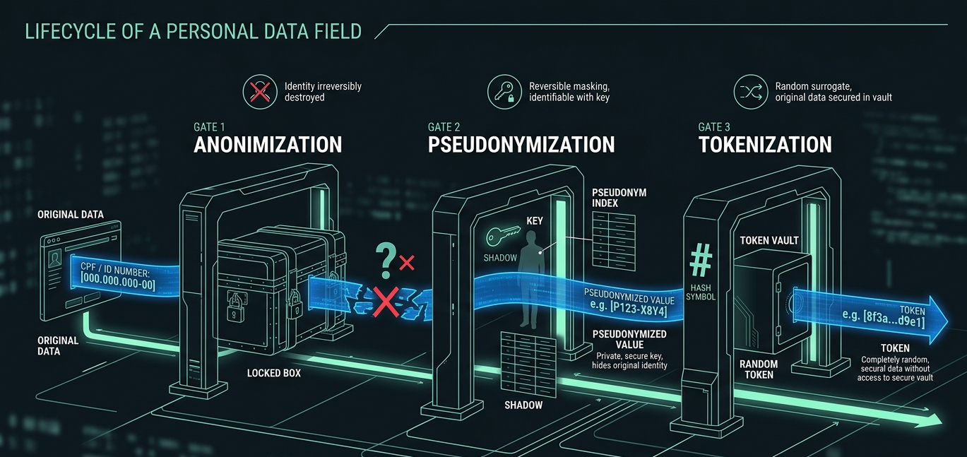 Lifecycle de um campo de dado pessoal passando por anonimização, pseudonimização e tokenização