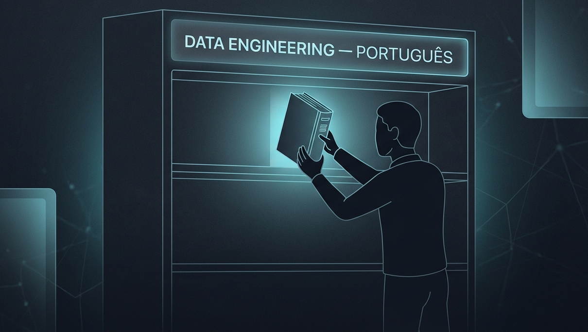 Estante de livros vazia rotulada “Data engineering · Português” com uma silhueta colocando o primeiro livro
