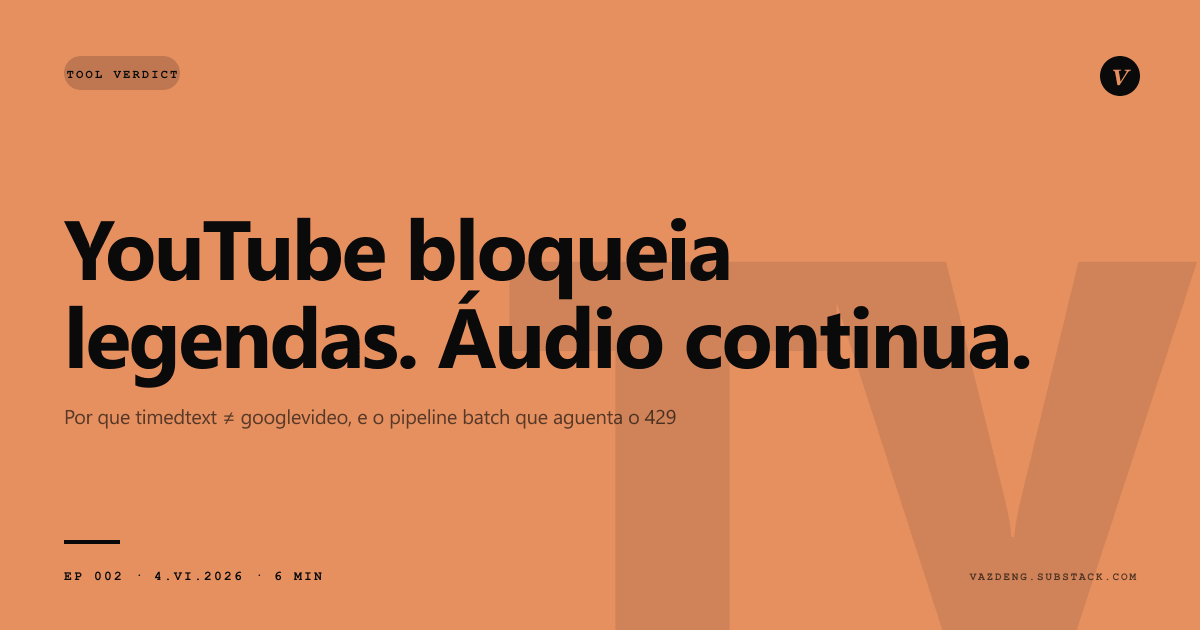 YouTube bloqueia o endpoint de legendas. O de áudio continua aberto.